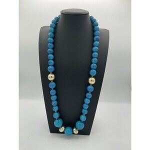 Vintage Blue Beaded Necklace With Gold-Tone Accents & Spring Ring Clasp